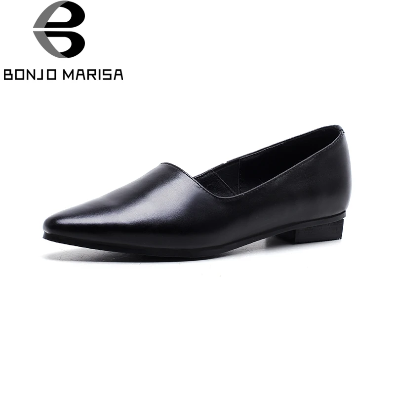 

BONJOMARISA 2019 Genuine Leather Slip On Women Shoes Woman Low Heels White Black Woman Flats Shoes Size 33-43