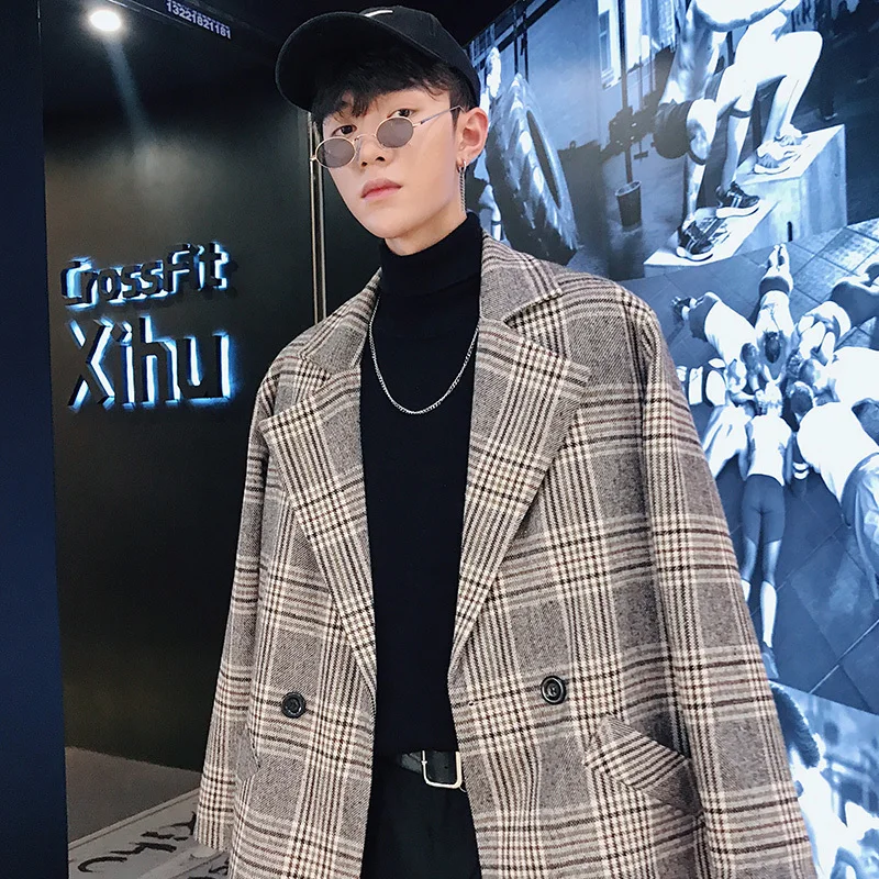 2018 Korean Men's Fashion Lattice Woolen Blend Casual Loose Jacket Grey/Blue Mid-Length Windbreaker Cashmere Long Coat M-2XL 2018 Korean Men's Fashion Lattice Woolen Blend Casual Loose Jacket Grey/Blue Mid-Length Windbreaker Cashmere Long Coat M-2XL