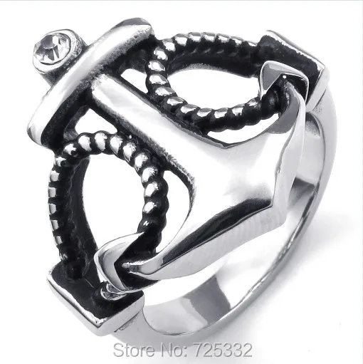 

Mens Womens Cubic Zirconia Stainless Steel Ring Vintage Anchor Silver Black US Size 6 to 12