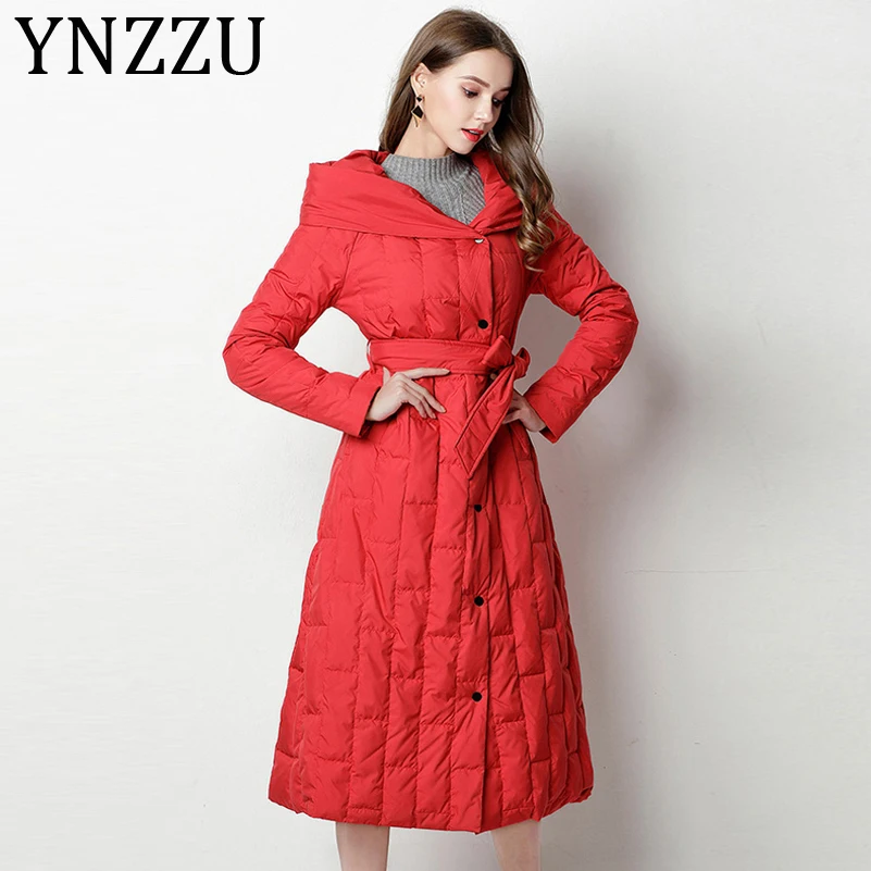 

YNZZU Elegant New Winter Women's Down Jacket Long 90% White Duck Down Coat Woman Hooded Warm Outwear with Sashes AO795