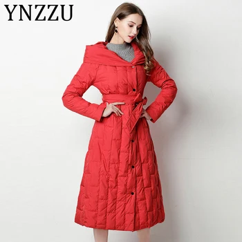 

YNZZU Elegant New Winter Women's Down Jacket Long 90% White Duck Down Coat Woman Hooded Warm Outwear with Sashes AO795