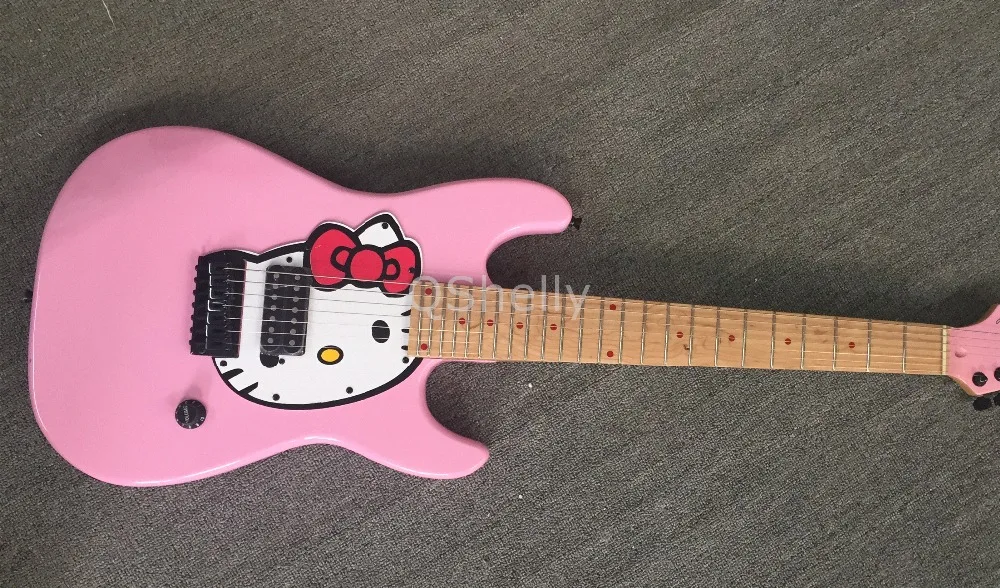 Высокое качество QShelly Пользовательские Розовые 7 Струны hello kitty красные вставки струны через электрический бас гитара музыкальный инструмент магазин