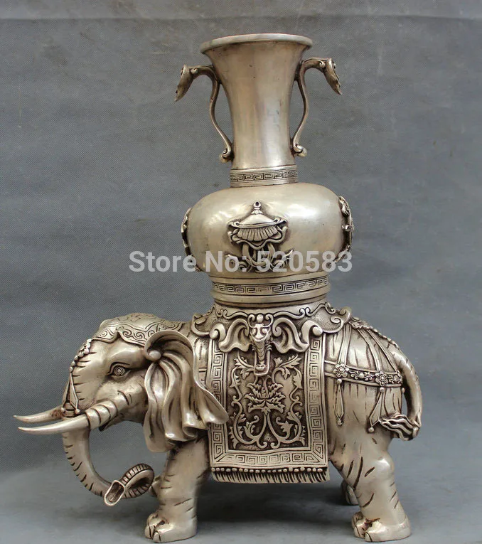 

17" Chinese Silver Folk Elephant Zun Statue 8 Auspicious Symbol RuYi Pot Vase