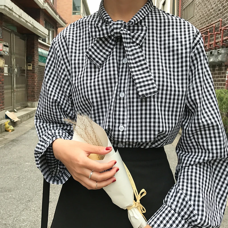 

2019 Women Korean Ulzzang College Wind Bow Collar Loose Plaid Shirts Wild Women'S Cardigan Vintage Blouse For Female
