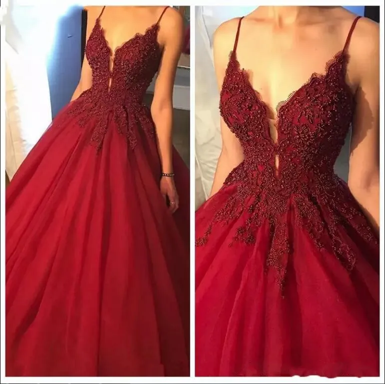 

2019 Dark Red V-Neck Sexy Prom Dress Women Summer Deep V neck Backless Crystals Beading Puffy Tulle Formal Evening Gowns
