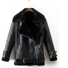 Осенне-зимние женские pu повседневные топы поясом кожаная верхняя одежда меха повседневные утепленные теплая куртка Панк нагрудные овечьей шерсти Черное золото куртка