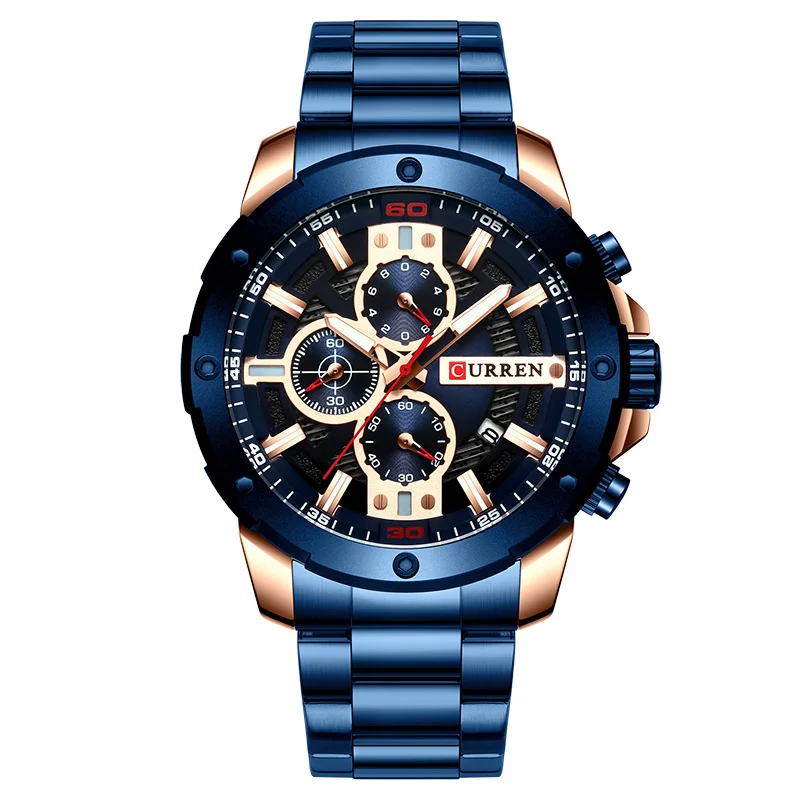 CURREN Мужские часы Топ бренд нержавеющая сталь мужские часы с хронографом кварцевые часы мужские спортивные часы Relogio Masculino Reloj Hombr - Цвет: Rose Gold Blue