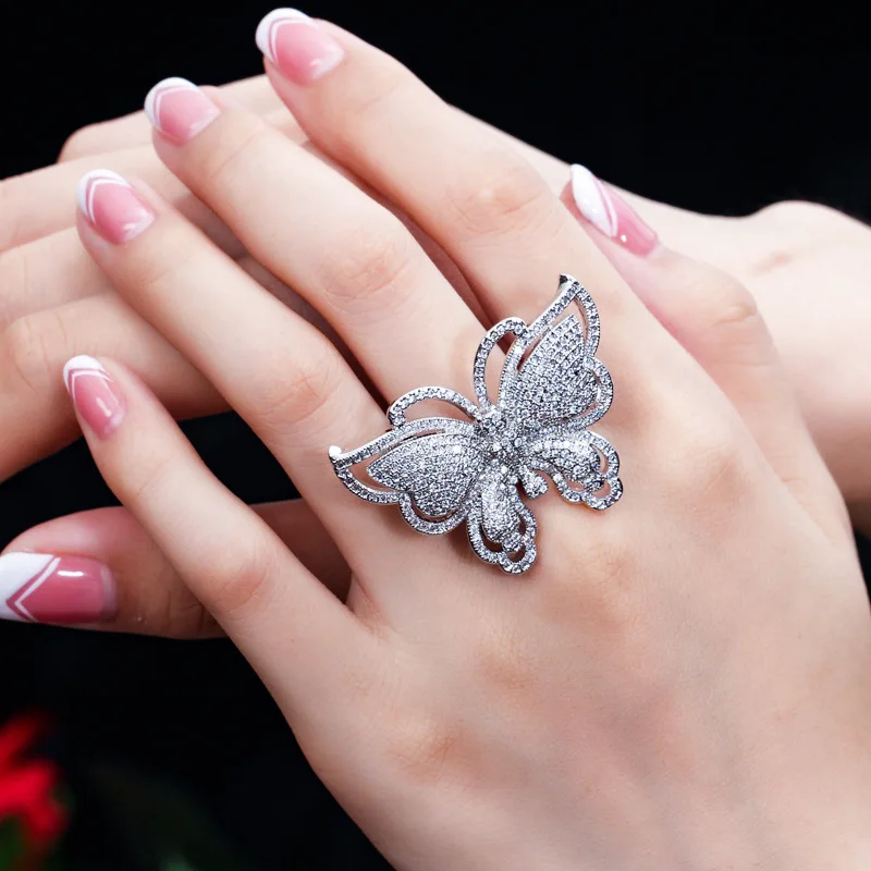 

Bilincolor silver color high quality full filled cubic zirconia big butterfly wedding ring for women