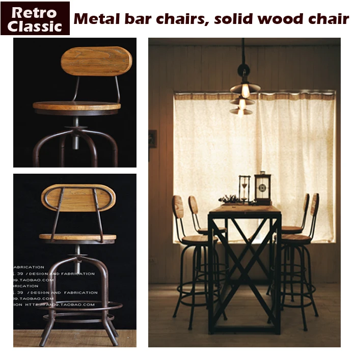 Vintage metal bar chair lift 100% wooden bar stool chair anti rust treatment wood Stool,metal furniture photo