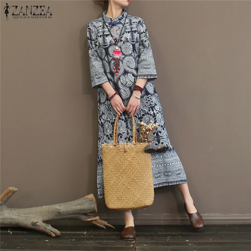 

Vintage Printed Maxi Dress ZANZEA 2019 Women's Sundress Bohemian Dress Casual Split 3/4 Sleeve Tunic Vestidos Oversized Robe 5XL