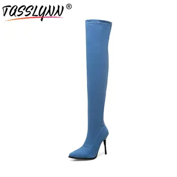 

TASSLYNN 2018 Women Boots Warm Short Plush Pointed Toe Thin High Heel Over The Knee Boots Denim Sexy Stretch Dancing Shoes 43 42