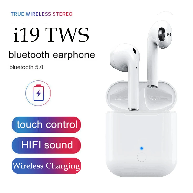 

i19 tws wireless bluetooth 5.0 earphone touch control wireless charging 3D Stereo earbuds headset for all smartphone pk i12 i10