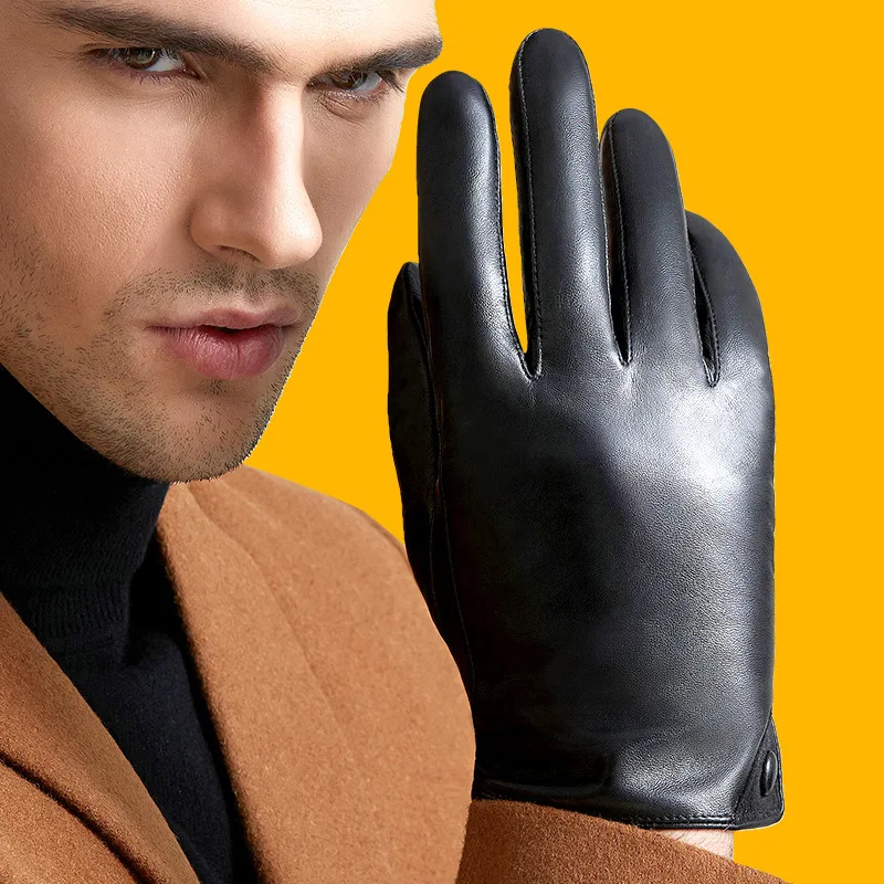 New Men's Genuine Leather Gloves Real Sheepskin Black Touch Screen