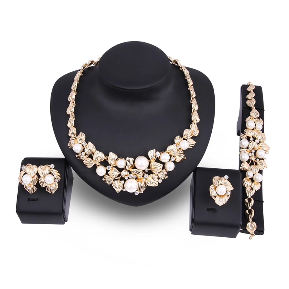 Luxury Women Faux Pearl Bead Necklace Stud Earrings Bracelet Ring