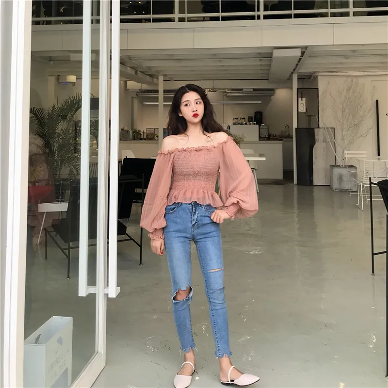 Shirts Women Slash Neck Lace Full Short Simple Elegant Ladies Korean Style Shirt Womens Slim Soft Chiffon Lantern Sleeve Shirt