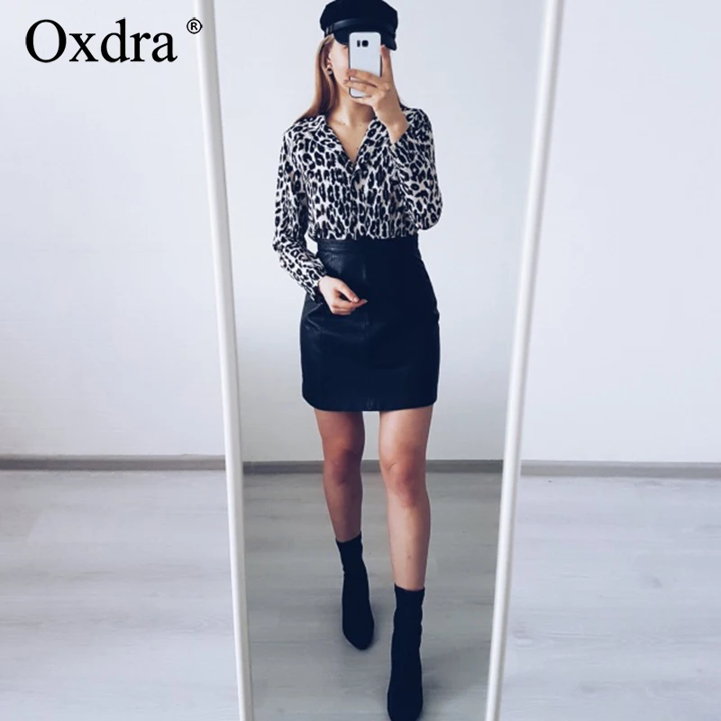

Oxdra Womens Leopard Blouse Long Sleeve Blouses 4 Colors Sexy Turn-Down Collar Blouses 2019 Spring Summer New Tops