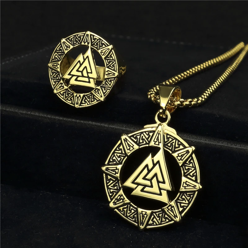 

Mens Stainless Steel Ring and Pendant Necklace Viking Valknut Odin's Norse Warrior 24inch Jewelry Sets