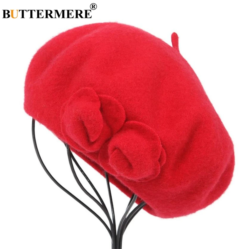 BUTTERMERE шерсть Берет французский зимние шапки бини для Для женщин цветок красный плоский Кепки женские береты для девочек женские Bone Tocas