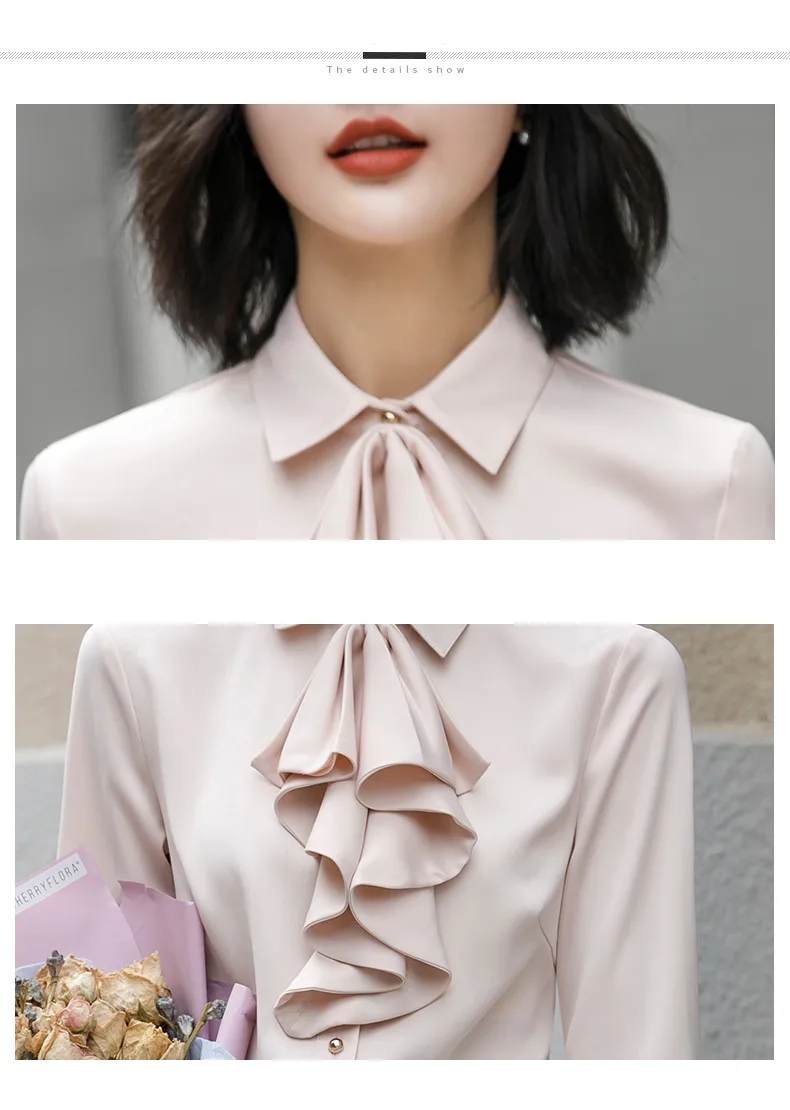 Элегантная женская рубашка с рюшами, новые формальные шифоновые блузки с длинным рукавом, офисные женские топы размера плюс, абрикосовые, белые