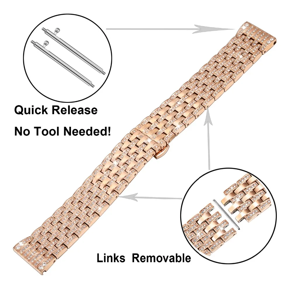 Diamond Watchband for Samsung Galaxy Watch 42mm 46mm/Active/Active 2 40mm 44mm Stainless Steel Band