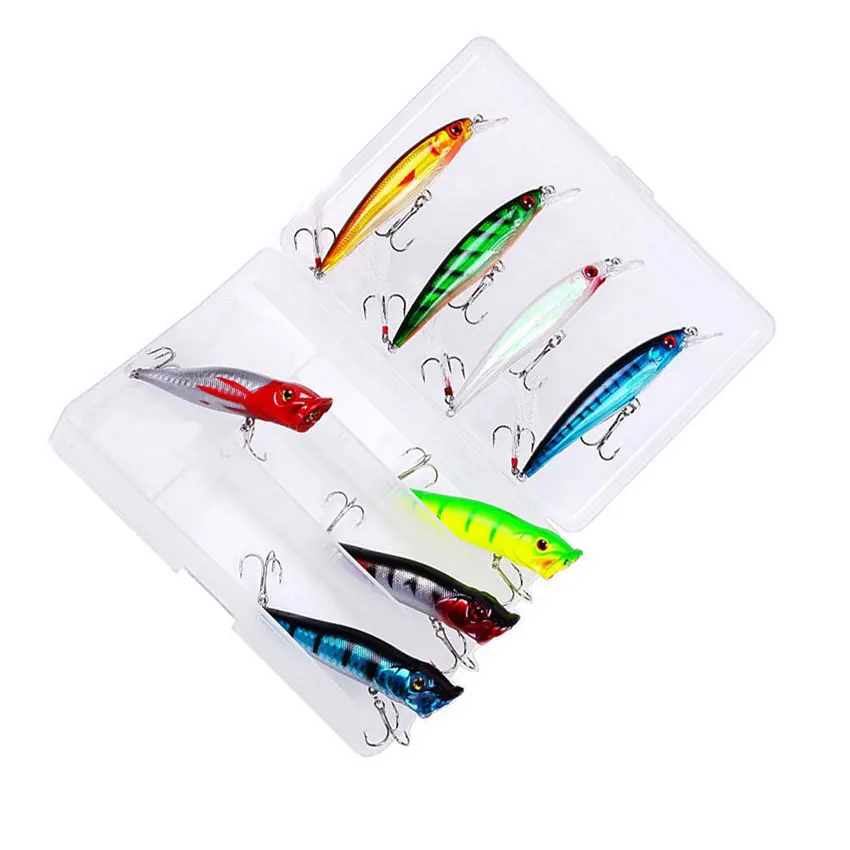 

8Pcs/Box Minnow Popper Fishing Lure Kit Isca Hard Baits Carp Fishing Artificial Tackle Crankbaits Pesca with Plastic Box