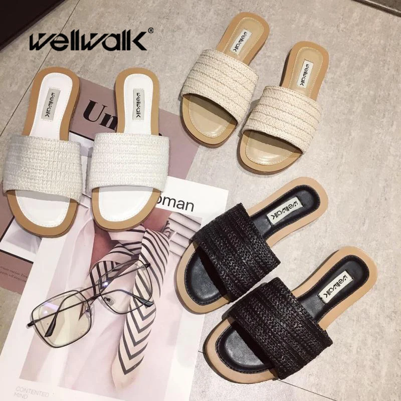 

Wellwalk Indoor Slippers Ladies Home Shoes Women Summer Flat Cane Slides Female Foldable Slippers With Comfortable Sock Sandals
