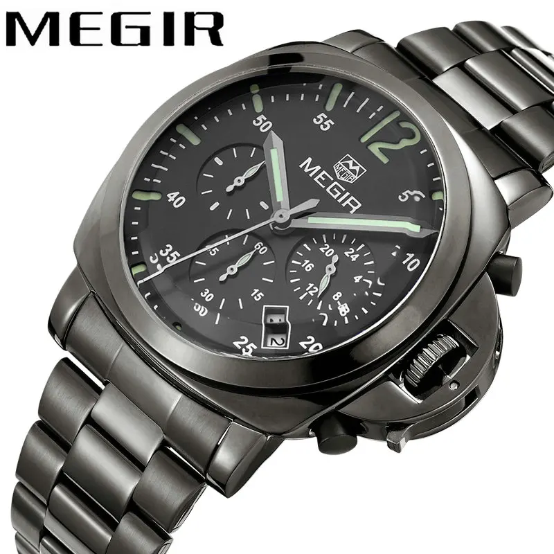 

MEGIR Fashion Watch Men Quartz Clock Chronograph 3 Dial 6 Hands Calendar Stainless Steel Strap Mens Watches Top Brand Luxury