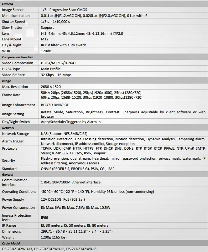 DS-2CD2T42WD-I8 английская версия 4MP EXIR сеть Пуля IP камера безопасности POE, 80m IR, 120dB WDR, H.264