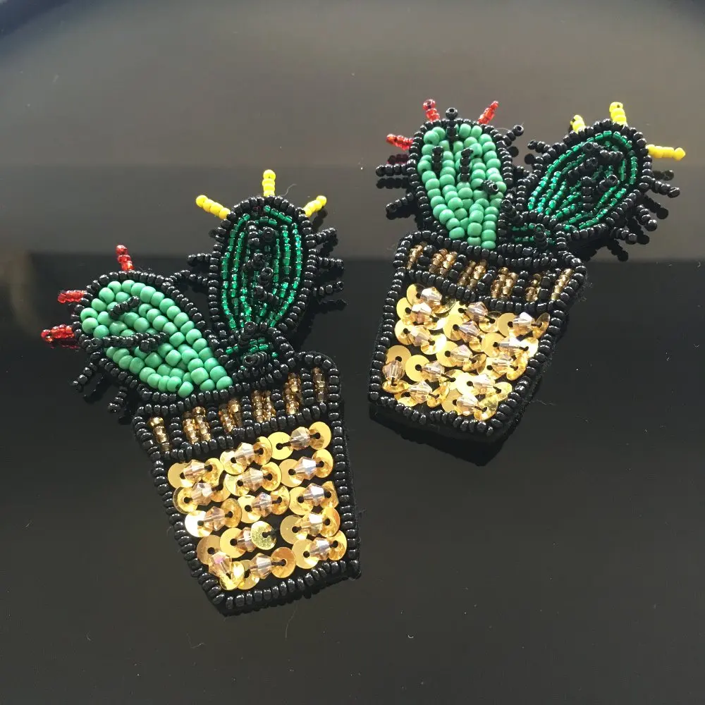 

1022-5 Cactus handmade applique insect cystal rhinestones bead embroidered trim badge fringe DIY sew patch bridal applique