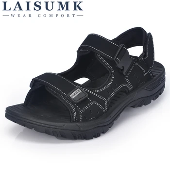 

2020 Laisumk Plus Size 46 47 Real Leather Men Sandals Solid Hook & Loop Handmade Sandals Shoes Zapatos Hombre