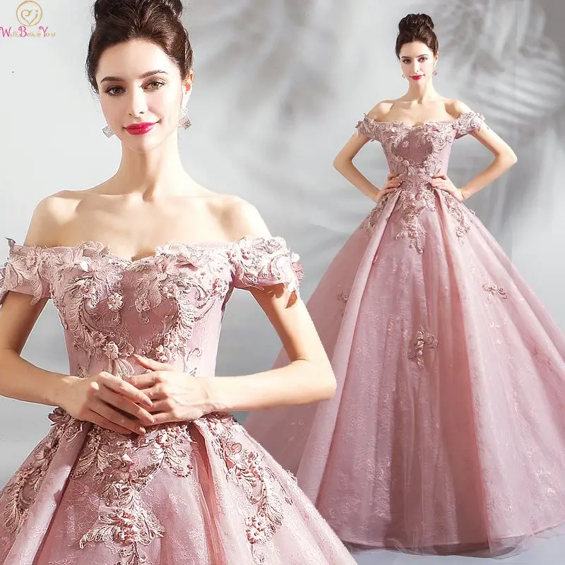 Элегантное розовое пышное платье 2019 новых Аппликации с плеча Бисер кружевное вечернее платье на выпускной, торжественное Тюлевое Платье De
