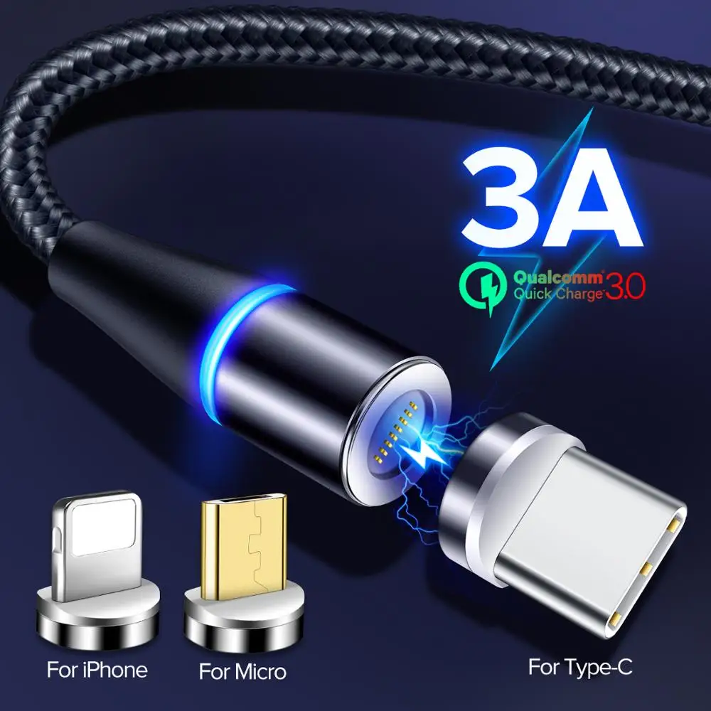 

2M Fast 3A Magnetic Cable Quick charge 3.0 Micro USB Charger Type C Charging For iPhone XS MAX Samsung S9 Magnet Phone Cord