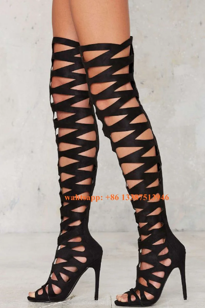 Spring Summer New Fashion Women Open Toe Suede Leather Over Knee Gladiator Boots Cut-out Long Bandage Thin High Heel Boots