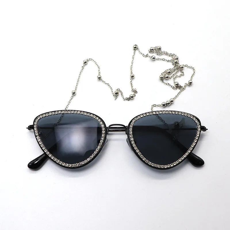 Ретро кошачий глаз солнцезащитные очки для женщин Стразы на цепочке солнцезащитные очки модный светильник для женщин винтажные металлические очки