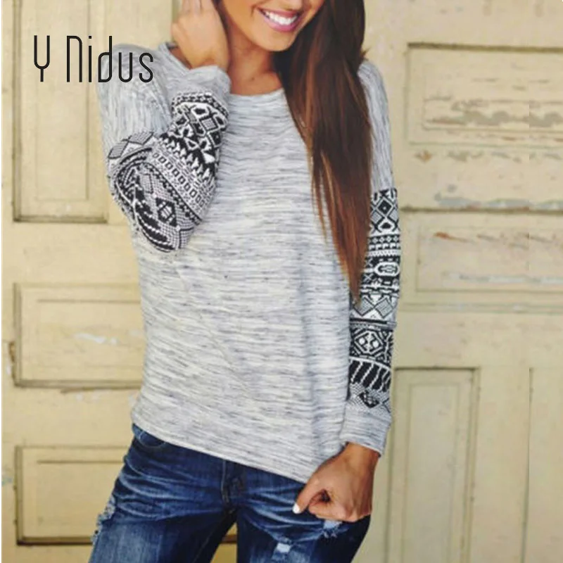 

Women T-shirt Harajuku Geometric Long Sleeve O-Neck Shirts Patchwork Tops Pullover Autumn Basic T Shirt 2018 Blusas Feminina