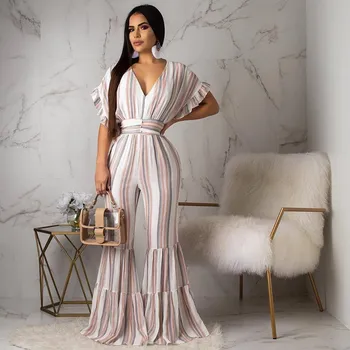 

2019 Stripe Print Sexy Women Jumpsuit Deep V Neck Short Ruffle Sleeve Playsuit Flare Pants Casual Overalls