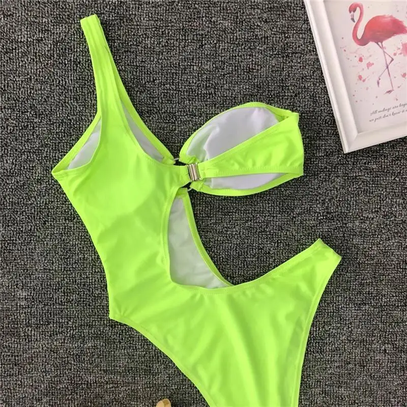 Bikinx один плечо неоновый зеленый купальник женский цельный костюм с высоким вырезом пуш-ап купальник женский купальный костюм Лето купальный костюм