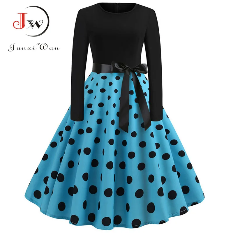 

Polka Dot Vintage Dress Women Winter Casual Plus Size Swing Christmas Dress Robe Femme Long Sleeve Elegant Black Party Dresses
