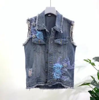 

2019 spring and summer new Korean loose fashion beaded flower hole denim vest female sleeveless jacket 1915
