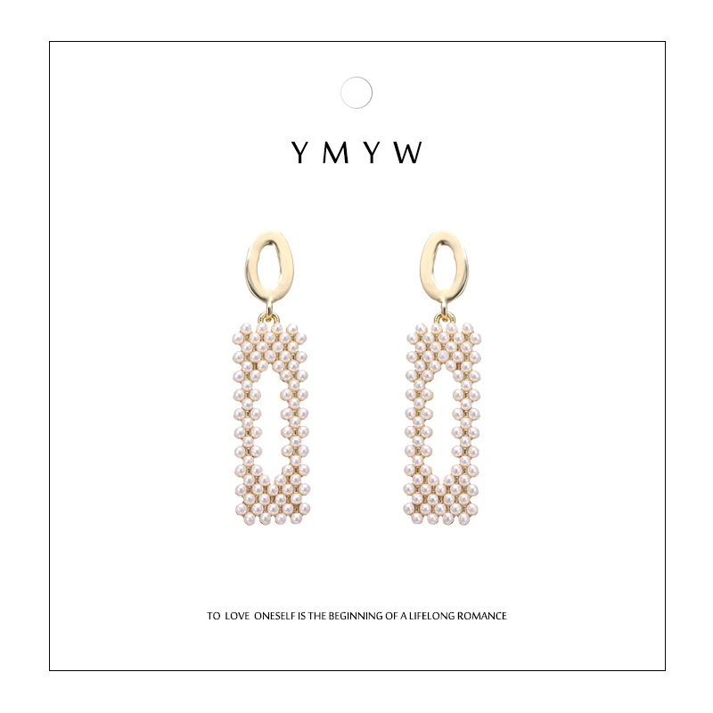 

YMYW Trendy Elegant Simulated Pearls Dangle Earrings Copper Square Geometric Earrings for Women Bride Jewelry Boucle D'Oreille