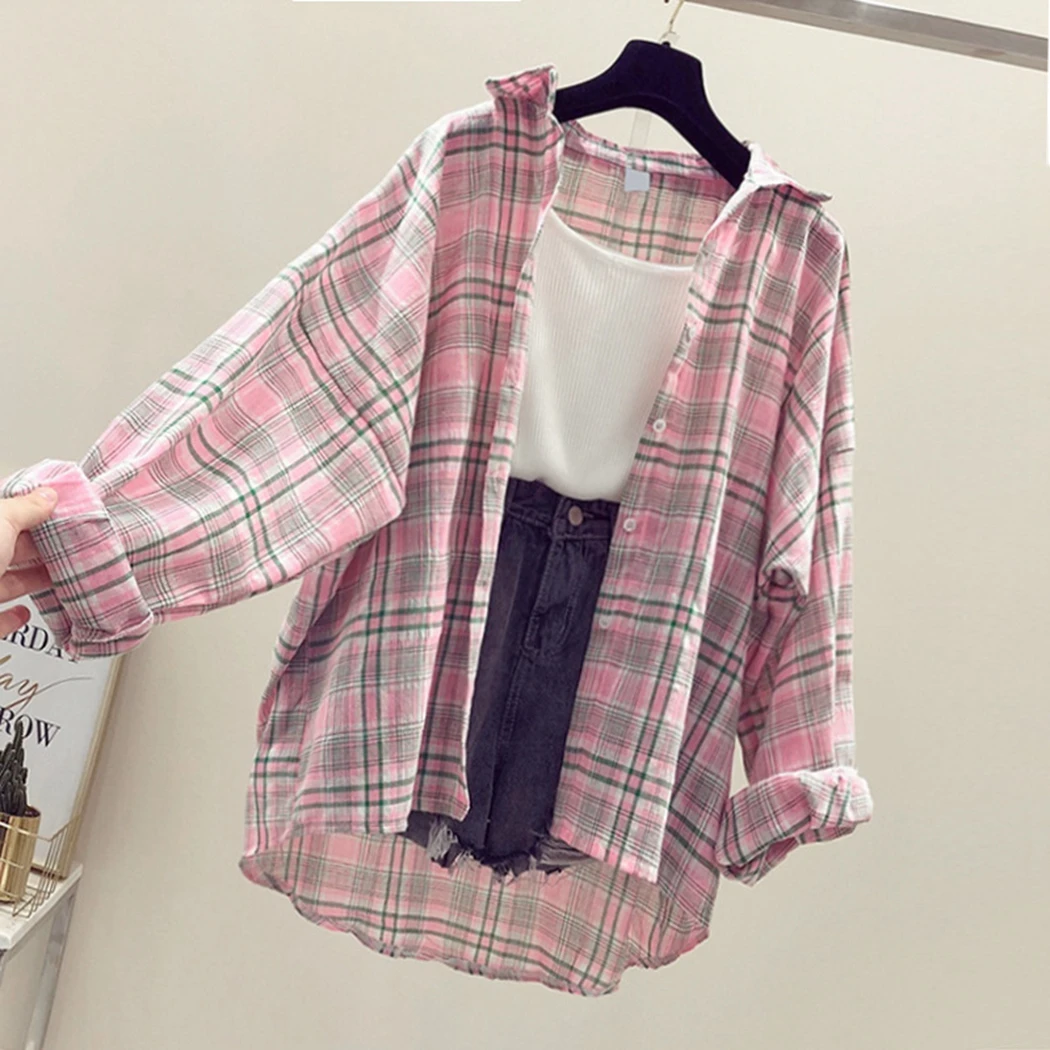 

2019 Summer Casual Loose Shirts Women Long Sleeve Blouse And Tops Korean Streetwear Autumn Ladies Casual Plaid Femme Blusas