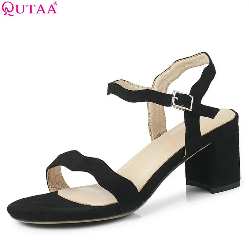 

QUTAA 2018 Women Sandals High Quality Fashion Women Shoes Buckle Square High Heel Round Toe All Match Women Sandals Size 34-43