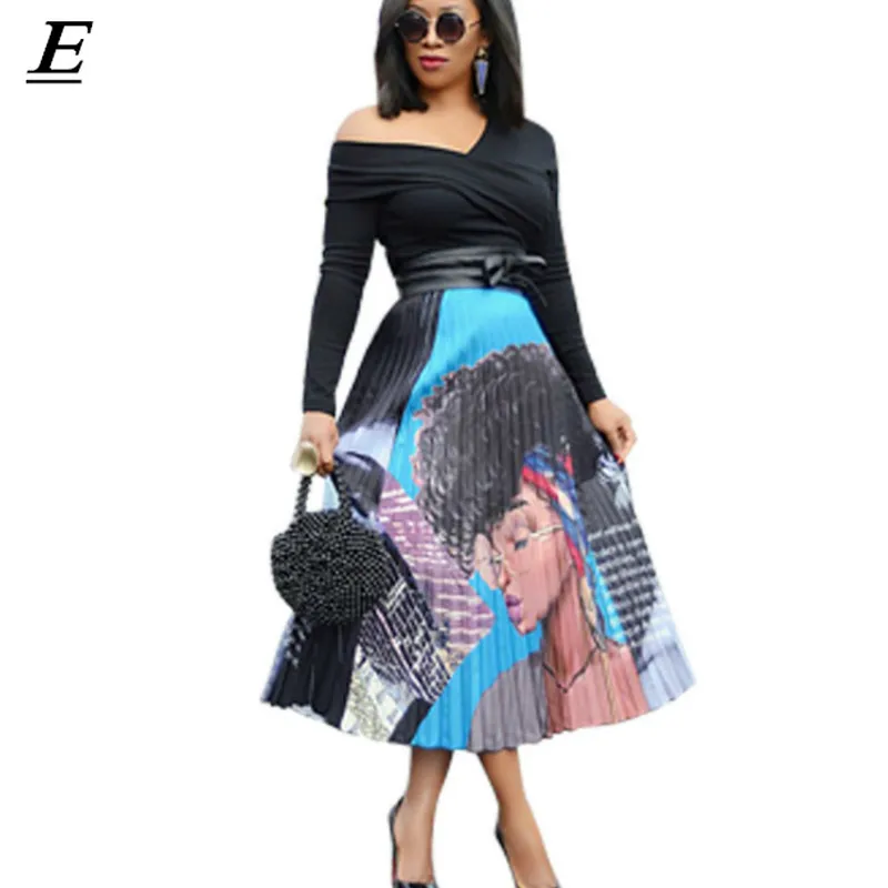 

2019 Cartoon Print Pleated Long Skirts Women High Waist A-Line Elastic Blue Pink Skirt for Ladies Summer Casual Female Buttoms