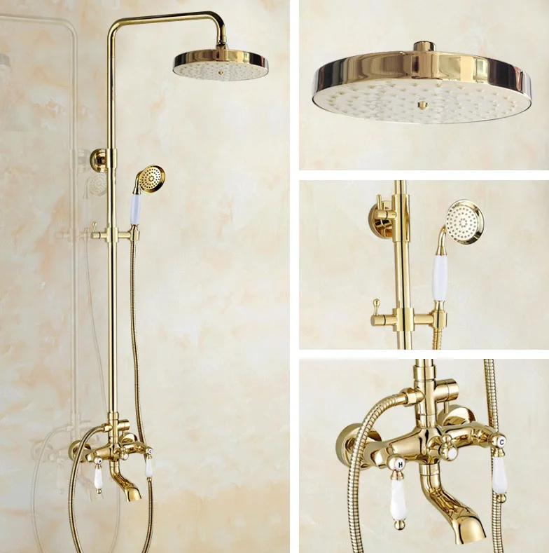 Luxury Polished Gold Color Brass Dual Ceramic Handles Levers Bathroom Round Rainfall Shower Faucet Set Bath Tub Mixer Tap mgf375