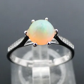 

DJ CH 100% Natural Ethopian Round Opal Rings for Woman, Six Prong Settings Precious Opal Gemstone in 925 Sterling Silver Rings