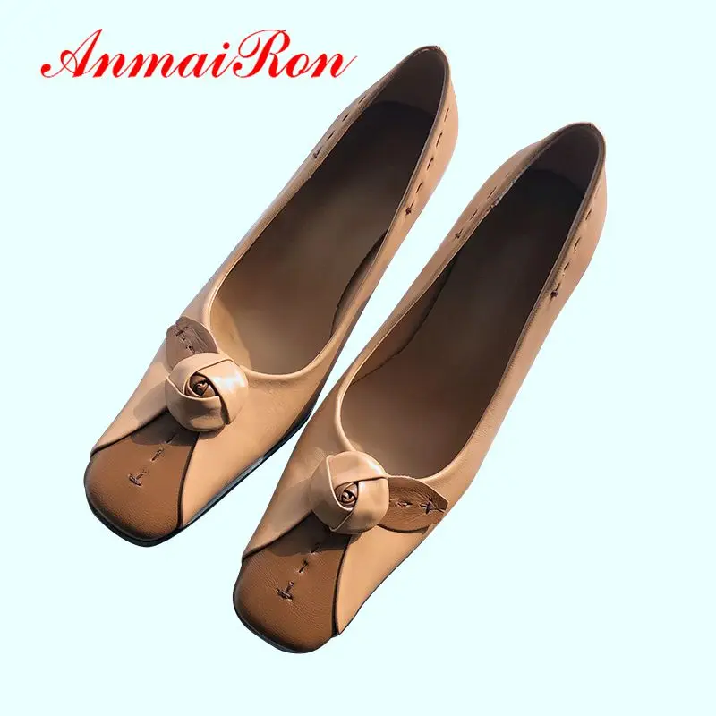 

AnmaiRon Genuine Leather Med Thin Heels Pumps Women Shoes Square Toe Casual Slip-On Women Heels Size 33-40 LY1492