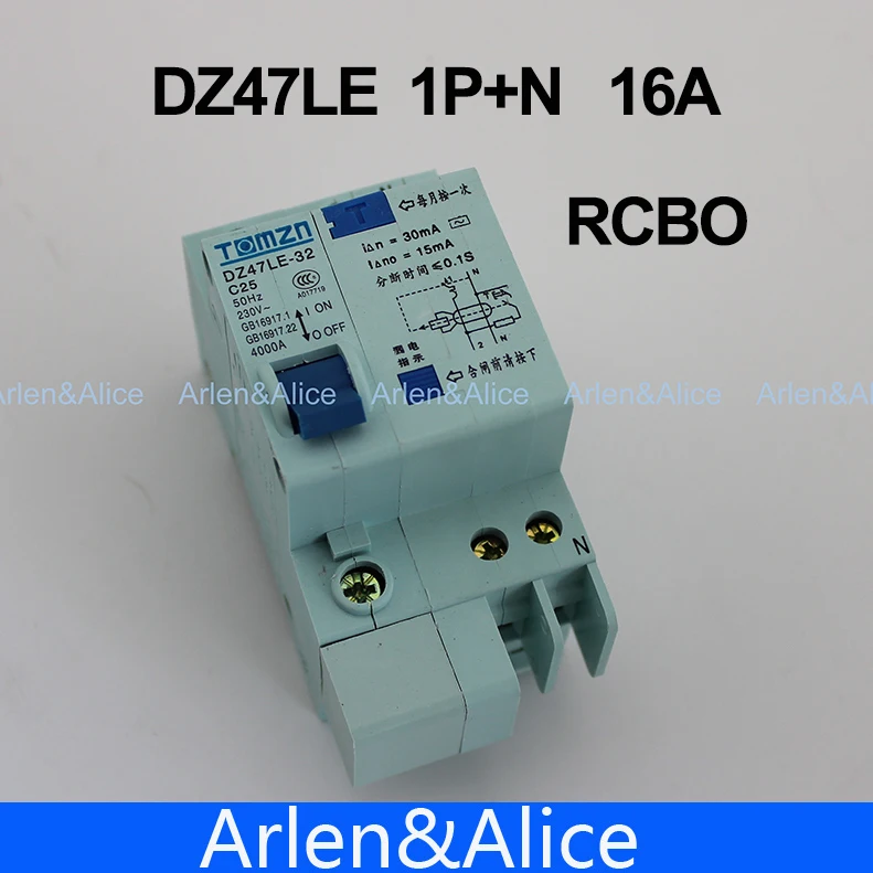 Автоматический выключатель DZ47LE 1P + N 16A C type 230V ~ 50 HZ/60 HZ с защитой от перегрузки по