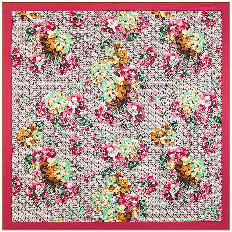

100% Silk Twill Luxury Brand Silk Scarf For Women,2019 New Large Square Scarves Headband Geranium Flower Print Shawl Hijab