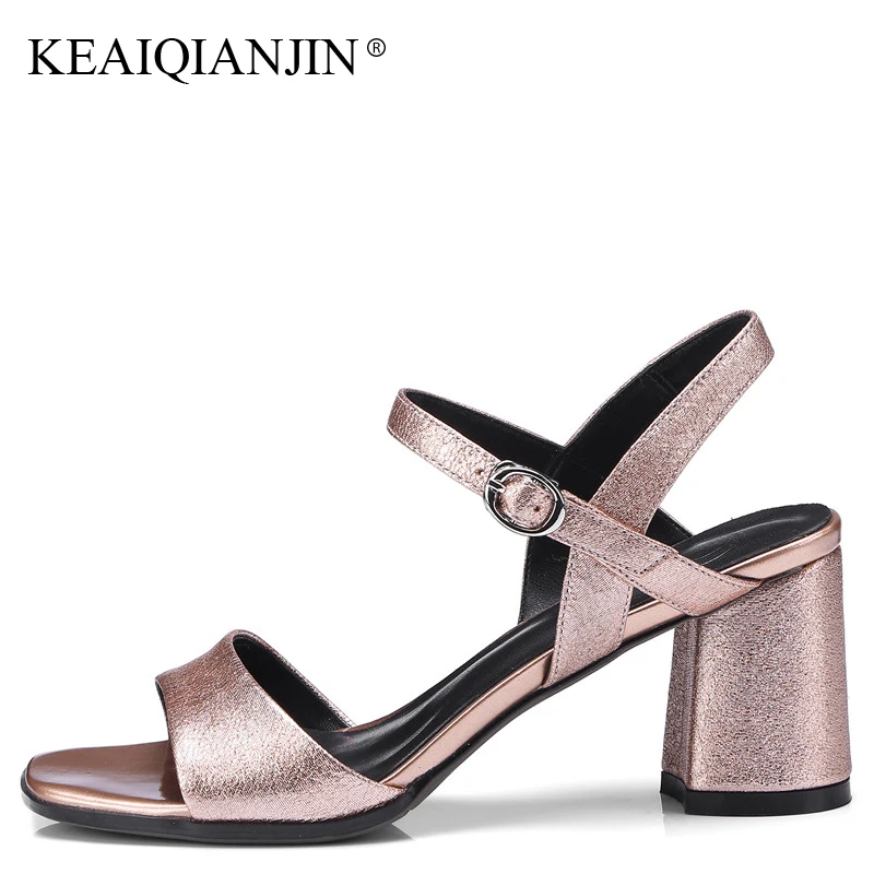 

KEAIQIANJIN Woman Champagne Sandals Gray Sexy Sheepskin High Heeled Shoes Plus Size 34 - 42 Genuine Leather Wedding Sandals 2018