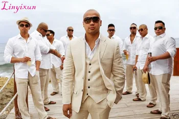 

Linyixun Beige/Champagne Linen Summer Beach Wedding Suits For Men Casual Groom Best Man Party Prom Suit Blazer Costume Homme